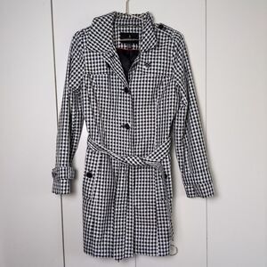 London Fog Women's S Small Black White Long Plaid Trench Coat Tie